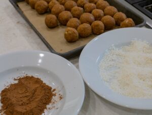 Preparing for topping the truffles.