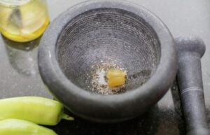 Garlic and salt on a mortar