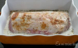 Raw Pork Loin seasoned and in milk