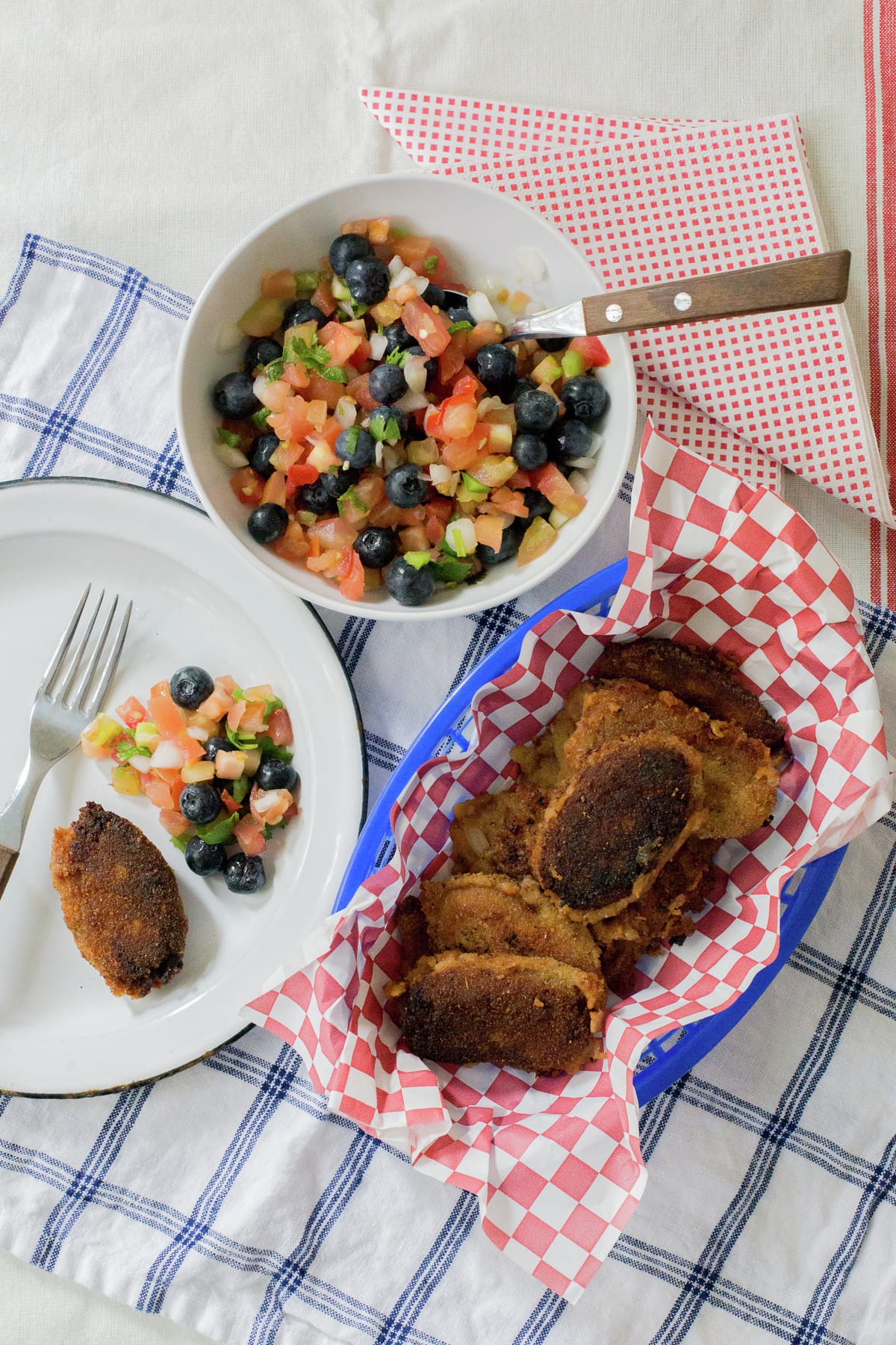 Pinto Bean croquettes with Red, White and Blueberry Salsa