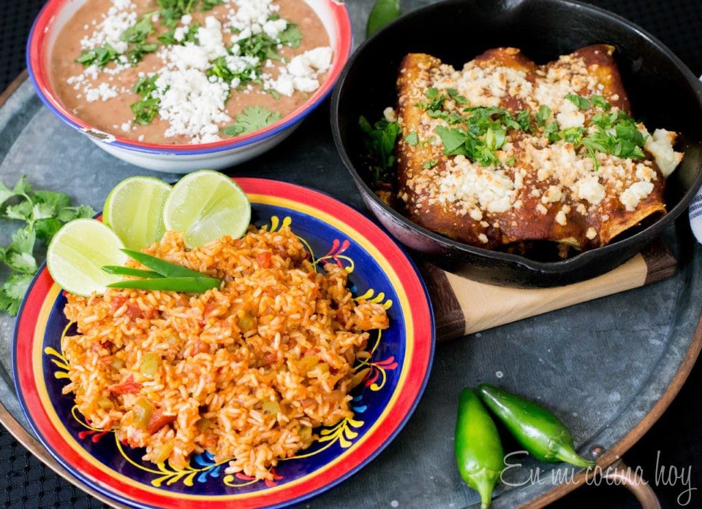 Healthy Mexican Food: Pork Enchiladas with Spanish Rice and Refried Beans