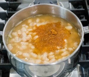 Beans, and spices and broth on a pot