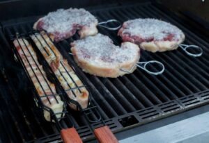 Grilling the steaks.