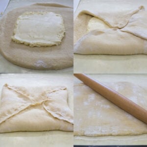 adding the butter brick to the dough