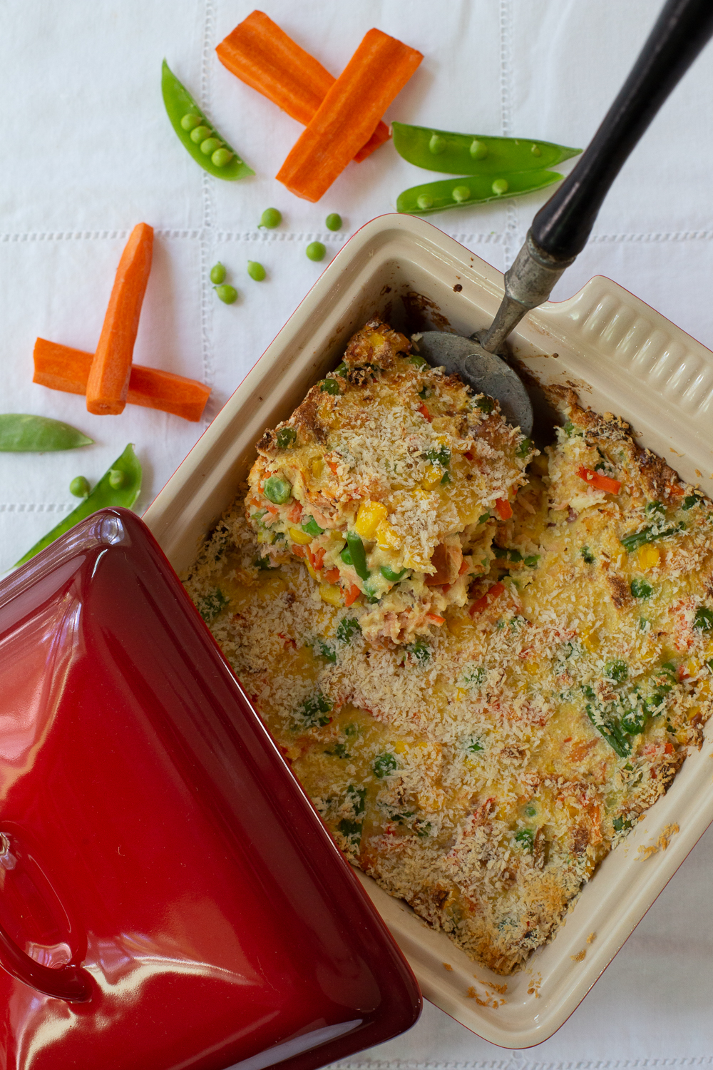 Savory Bread Pudding with salmon and vegetables