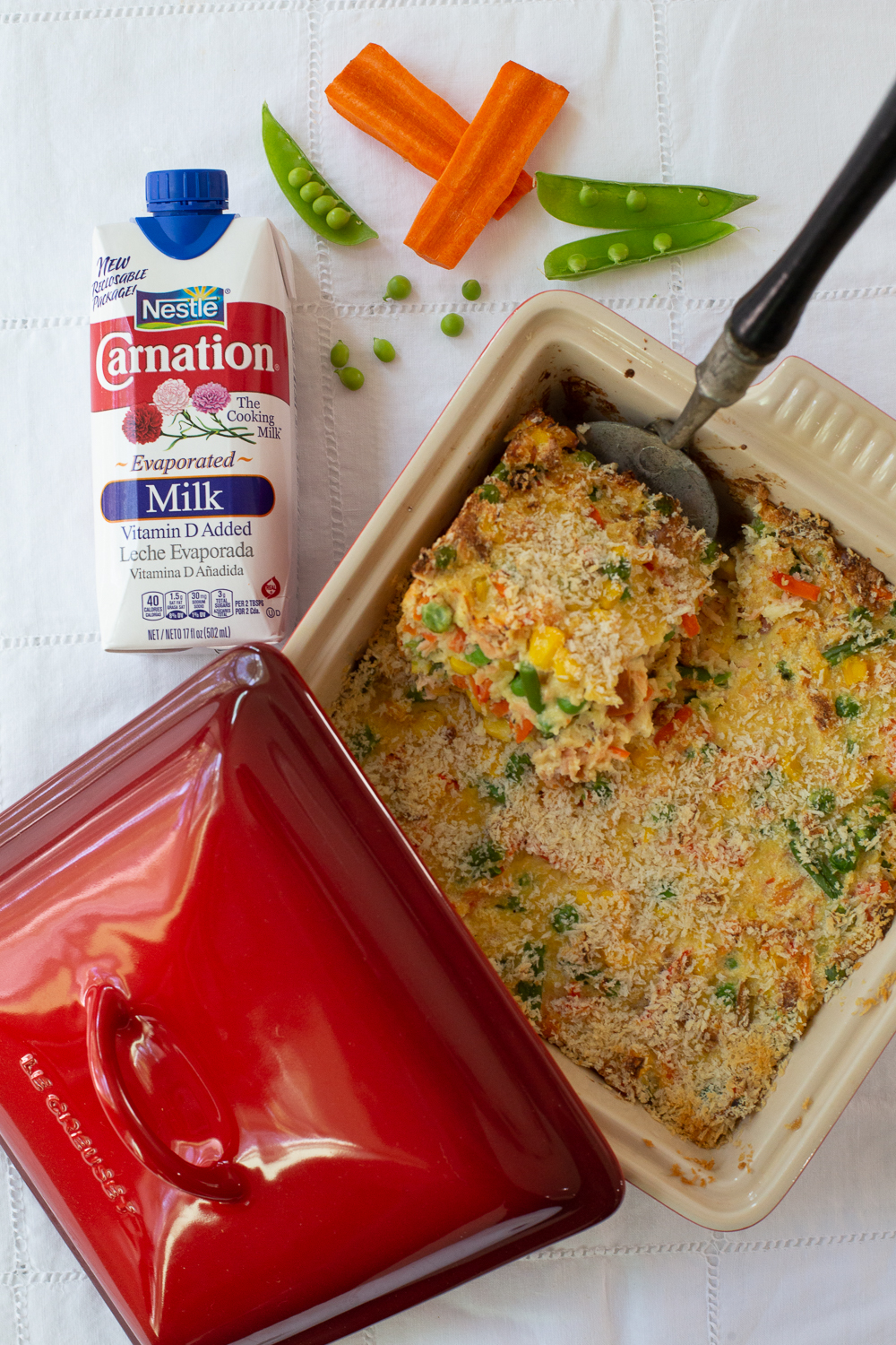 Savory Bread Pudding with salmon and vegetables.