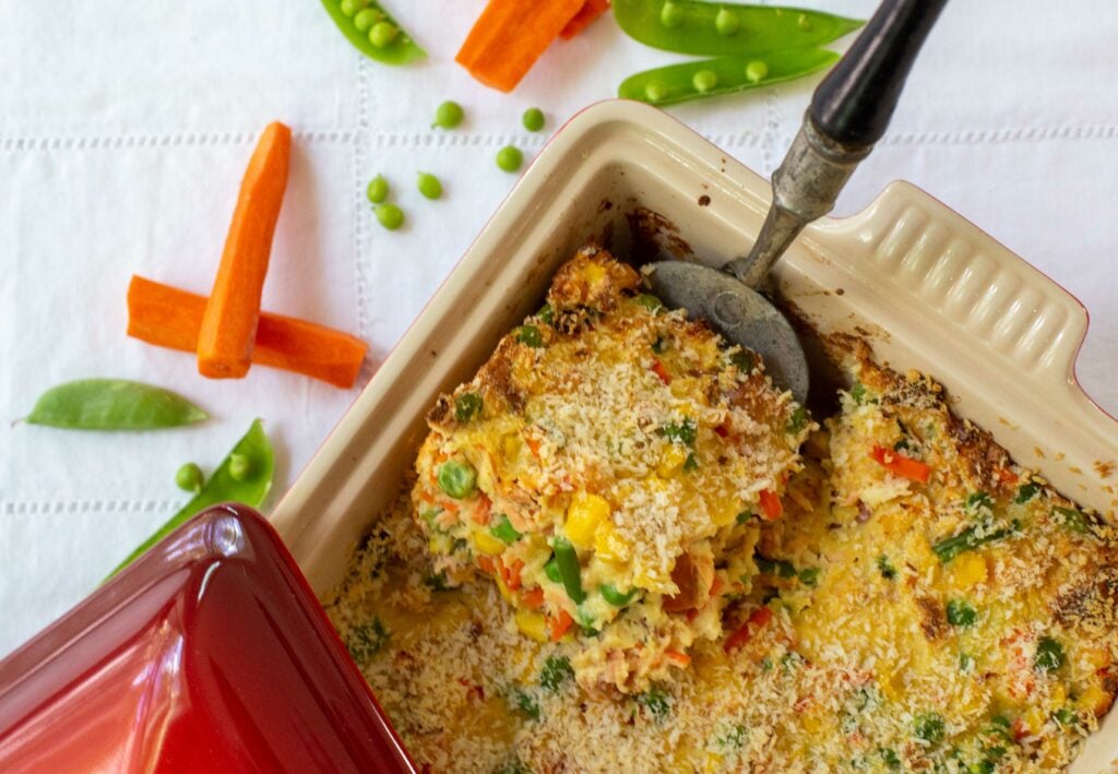 Savory Bread Pudding with salmon and vegetables.