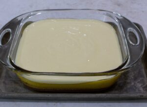 Flan batter on pan