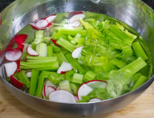 Celery and radishes in ice bath.
